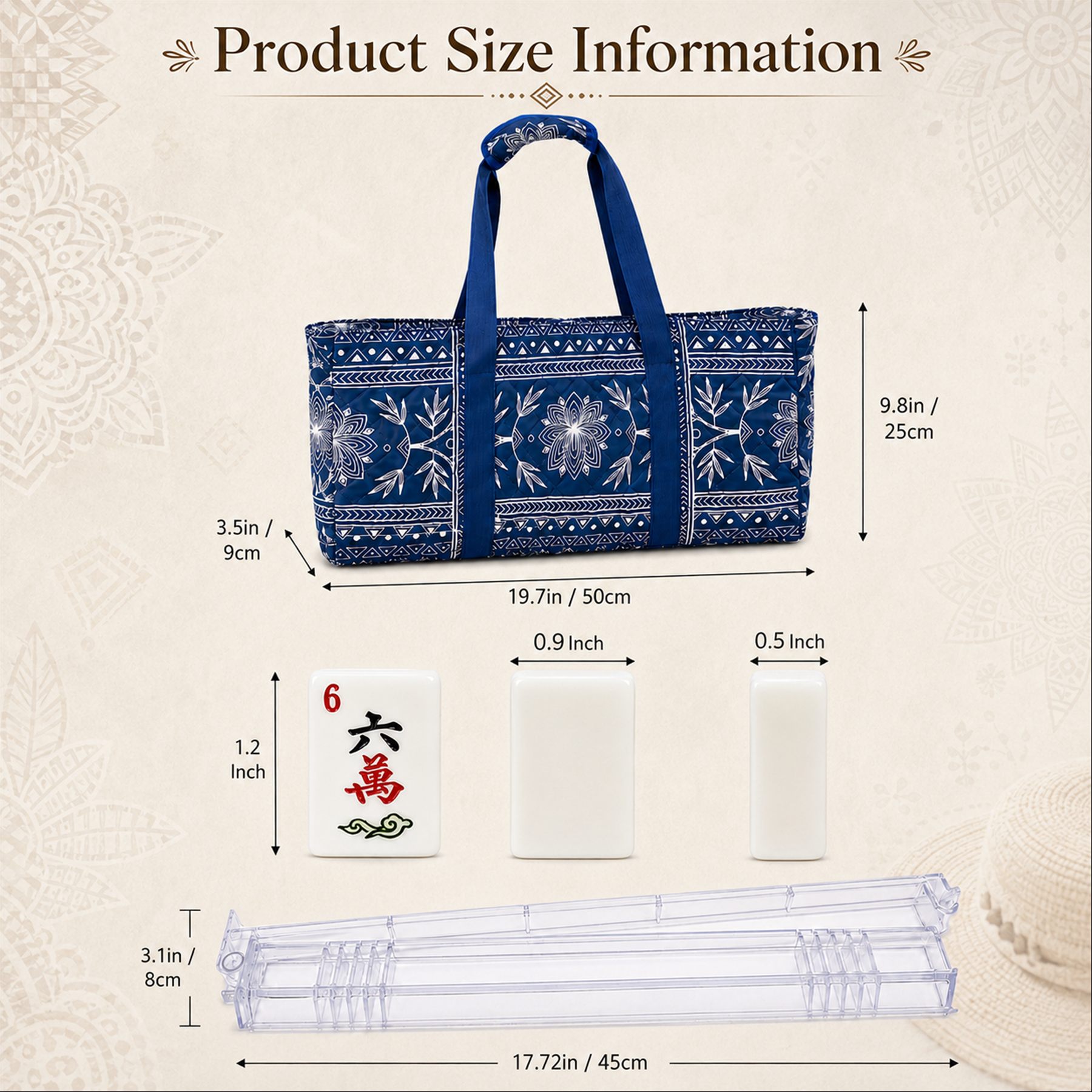Portelle Mahjong product size information for bag tiles and racks