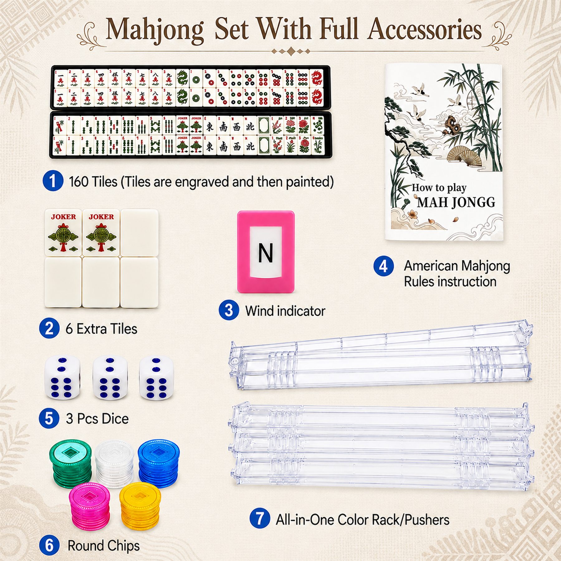 Portelle Mahjong set with full accessories including racks chips dice and manual