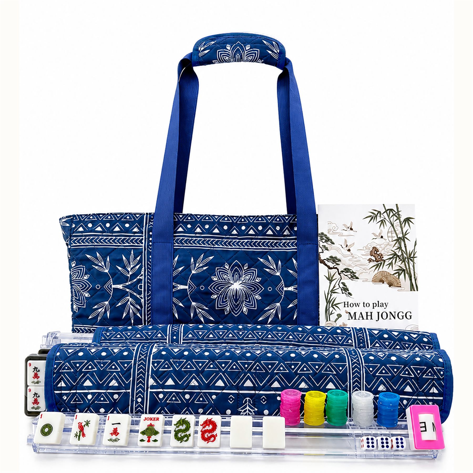 Portelle American Mahjong set with blue quilted bag, tiles, racks, chips, and how-to-play manual